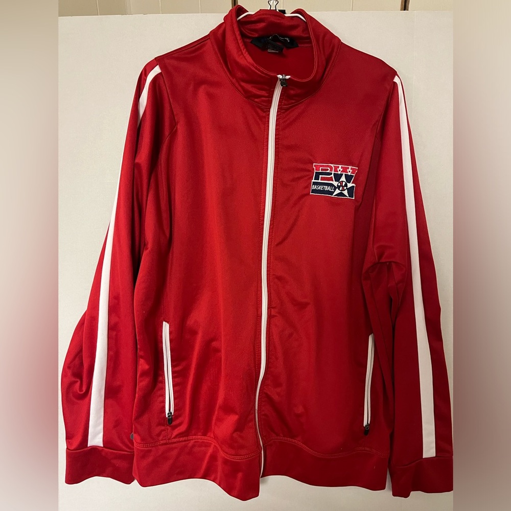 Men's Red Full Zip-Up Jacket with PW Basketball Logo, White Stripes, Size Large